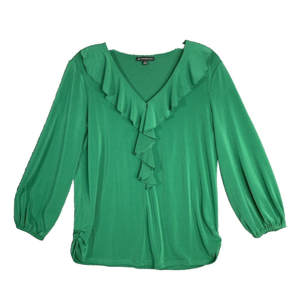 Adrianna Papell‎ Green Ruffles Pull Over Top Size Medium Stretch Career Office